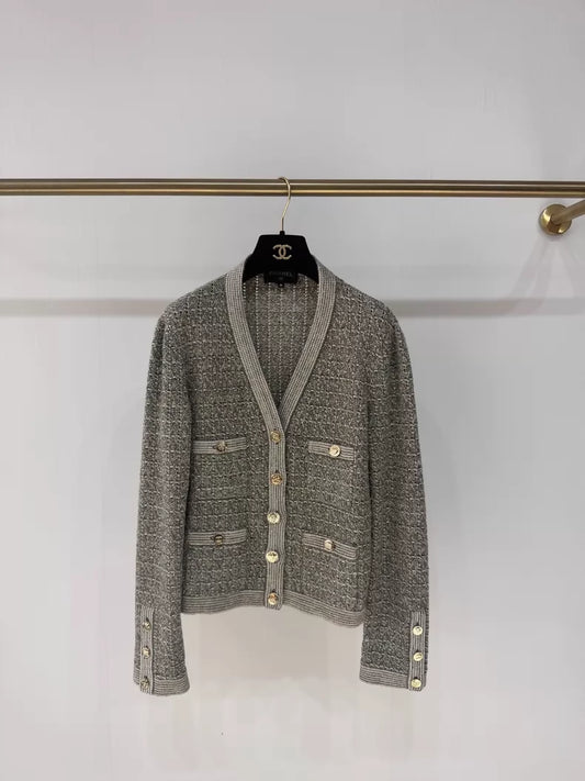 Chanel 25B grey tweed plaid cardigan