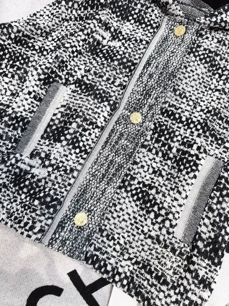 Chanel black and white check knit hooded jacket with gold buttons