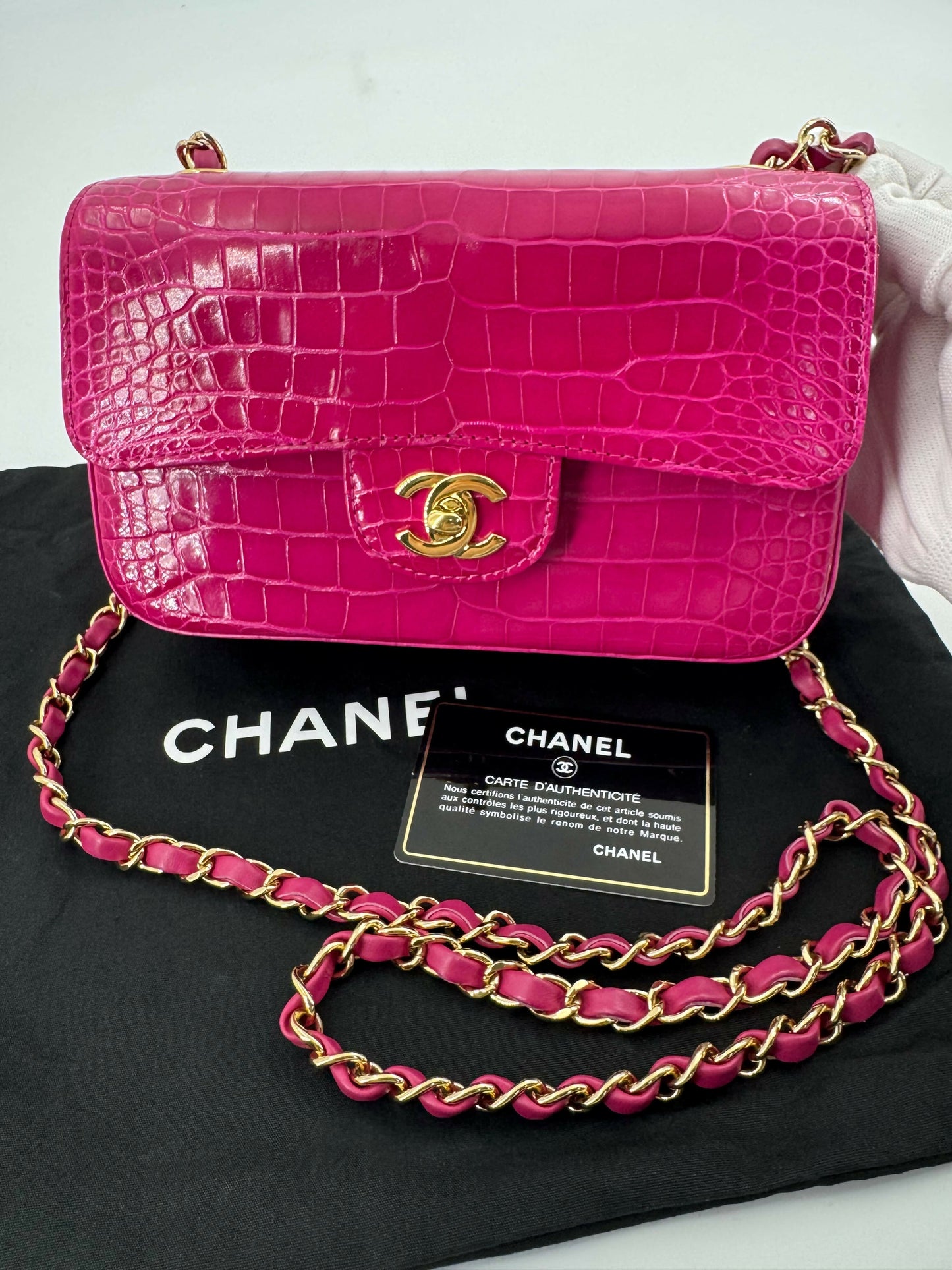 Chanel 2018-2019 Alligator Bright Pink Classic Flap Bag with Gold Hardware