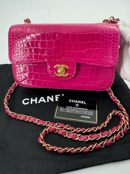 Chanel 2018-2019 Alligator Bright Pink Classic Flap Bag with Gold Hardware