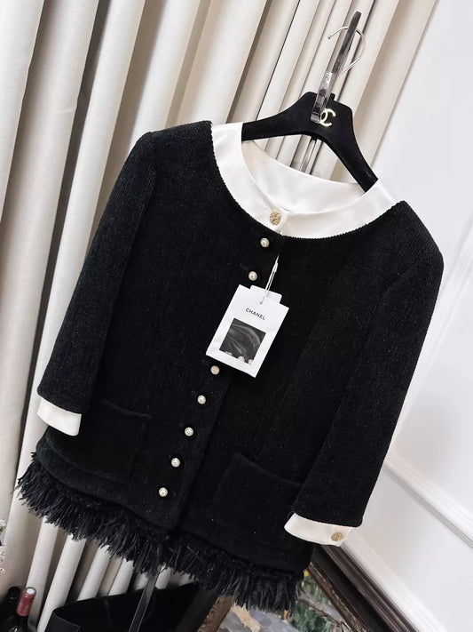 Chanel 20A Black Velvet Ostrich Feather Fringe Jacket