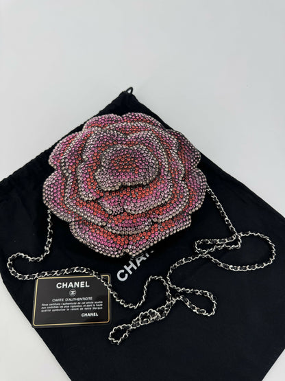 Chanel 2018 Rhinestone Plexiglass Strass Pink and Multicoloured Camellia Minaudiere Clutch Bag