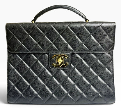 Chanel XL Jumbo Black Caviar Quilted Classic Briefcase Bag 24K Gold hardware