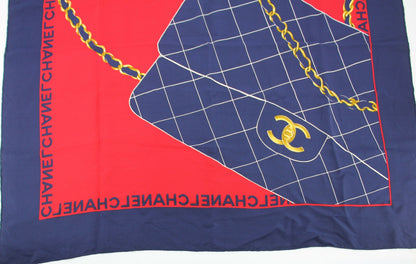 Chanel 100% Silk Navy Red Bag Pattern Scarf