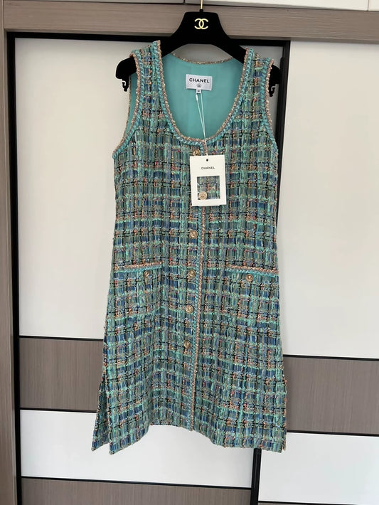 Chanel 25A blue tweed long vest dress