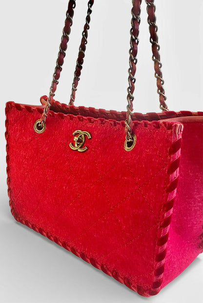 Chanel 13A Edinburgh Raspberry Red Medium Wool Quilted Shopping Tote Bag