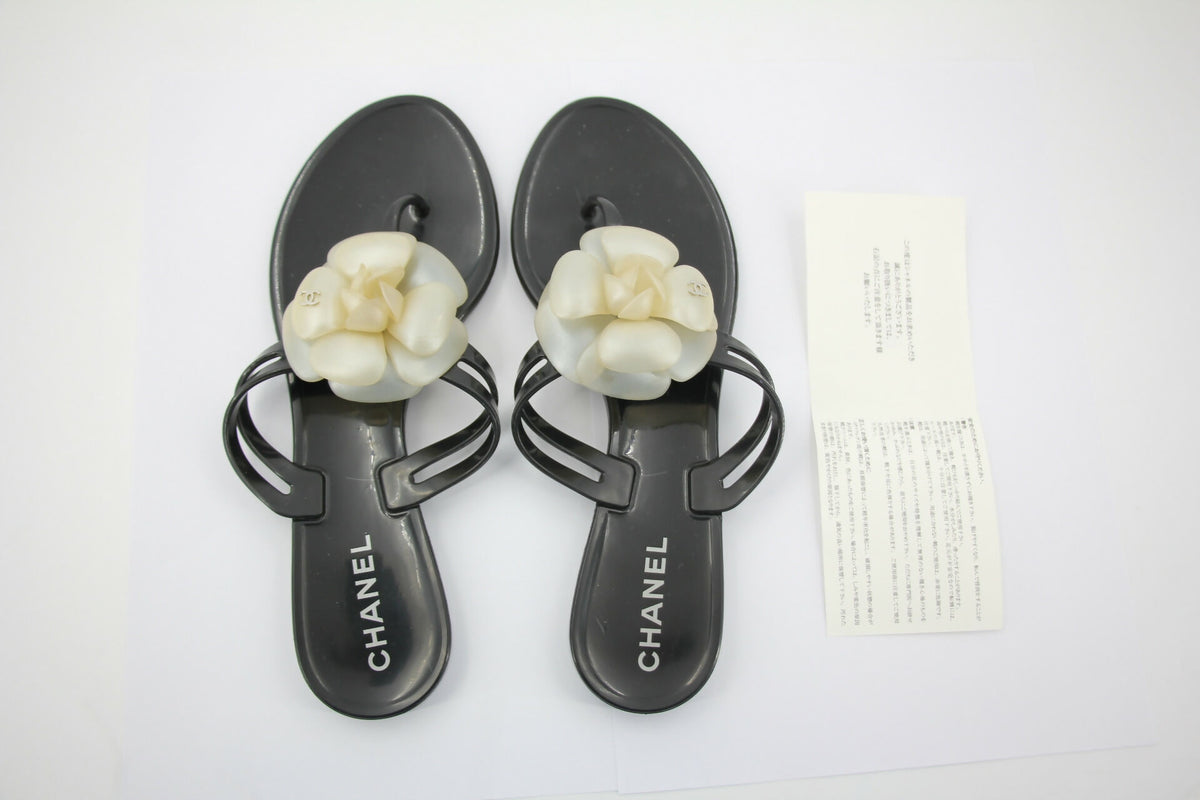 Chanel Rubber Black Leather Cream Camellia Sandals