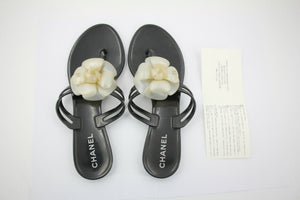 Chanel Rubber Black Leather Cream Camellia Sandals