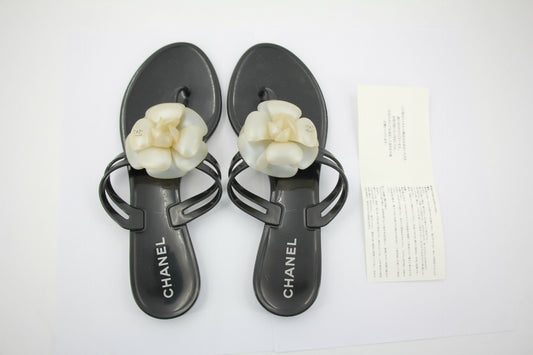 Chanel Rubber Black Leather Cream Camellia Sandals