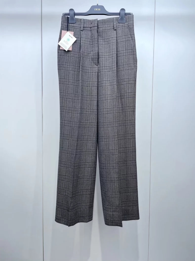 Miu Miu plaid logo patch wool slim straight leg pants