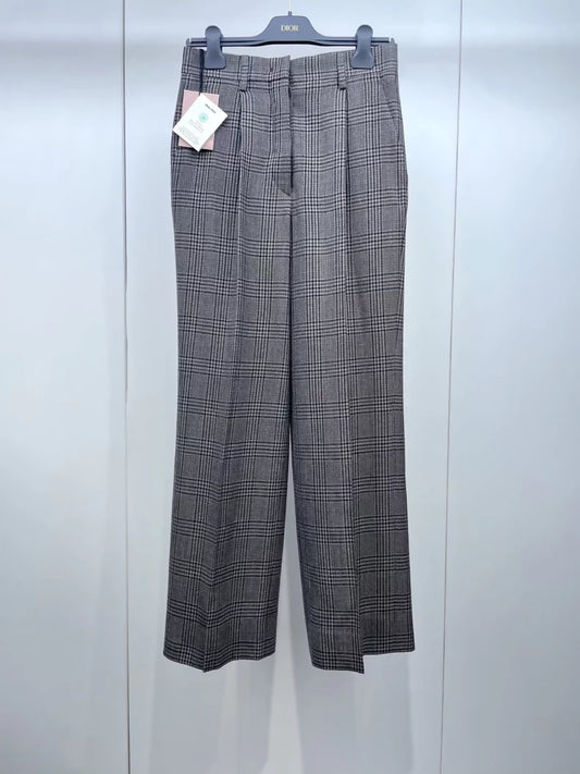Miu Miu plaid logo patch wool slim straight leg pants