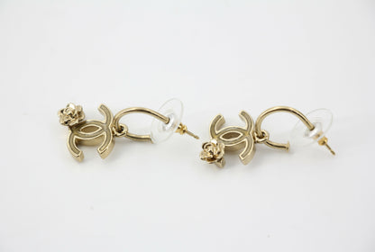 Chanel Vintage 07P Metal Gold Camellia Pendant Hoop Stud Earrings