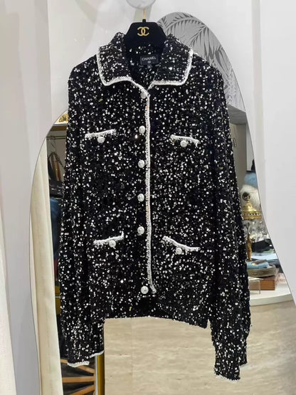 Chanel 23S Pearl Button Black Sequined Jacket
