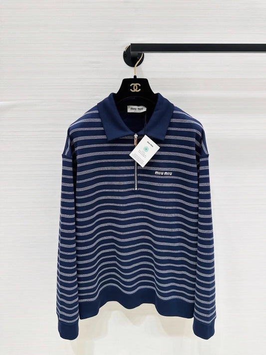 Miu Miu 25 Black and Blue Striped Collared Zip-Up Long-Sleeve Polo Shirt