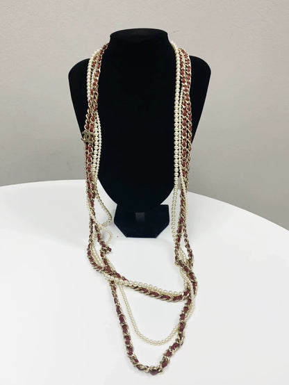 Chanel Vintage Collection Extra Long Multi Pearl and Leather Necklace