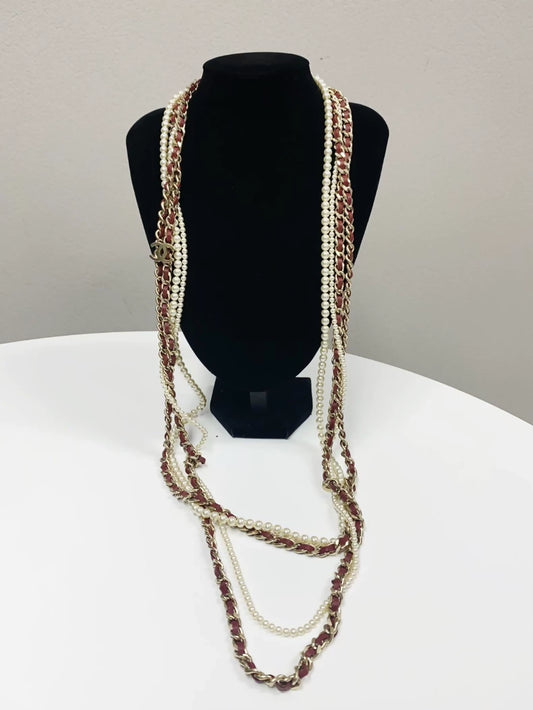Chanel Vintage Collection Extra Long Multi Pearl and Leather Necklace