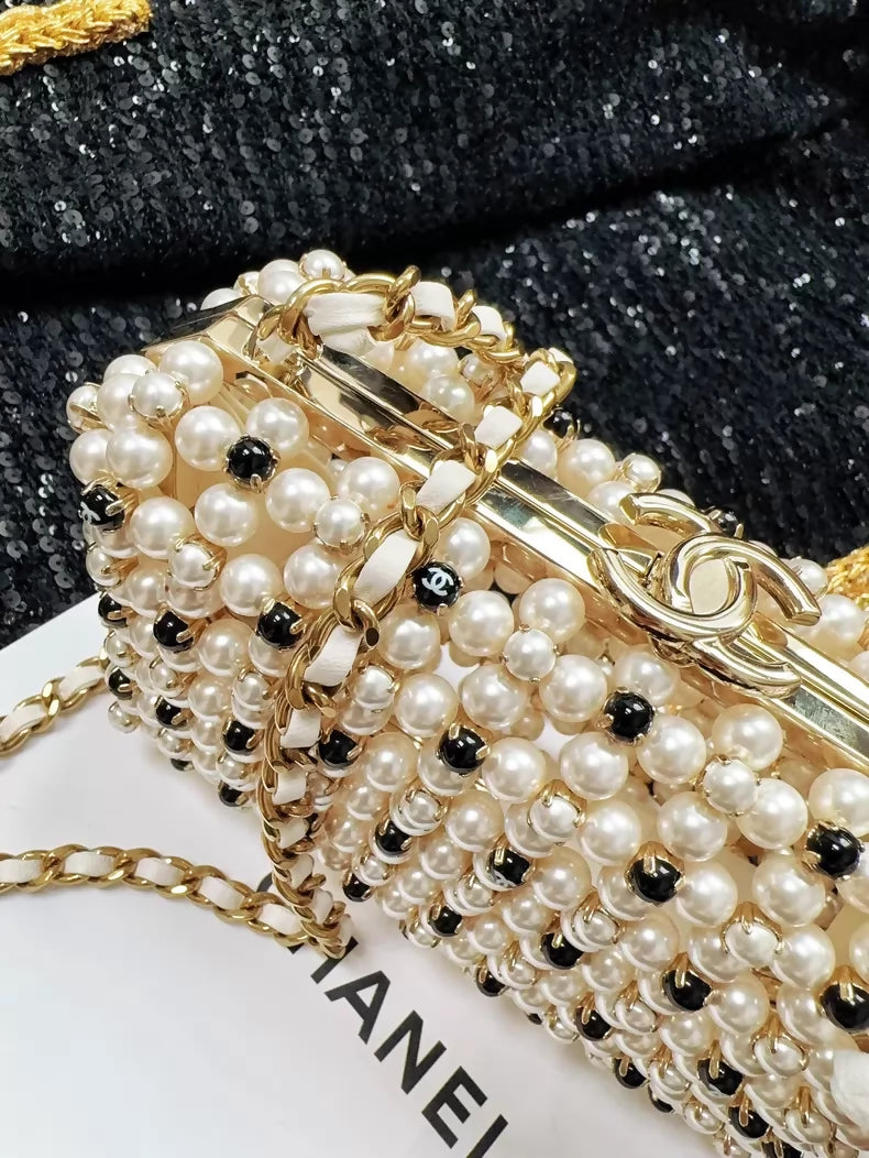 Chanel 23S black and white gold metallic pearls, chain bag