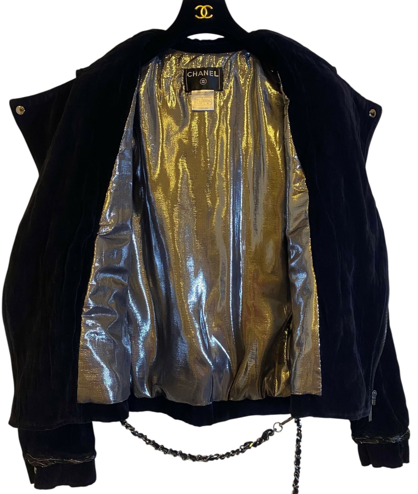 Chanel 06A Black Washed Velvet Bomber Biker Jacket Removable Chain Link Belt FR 48