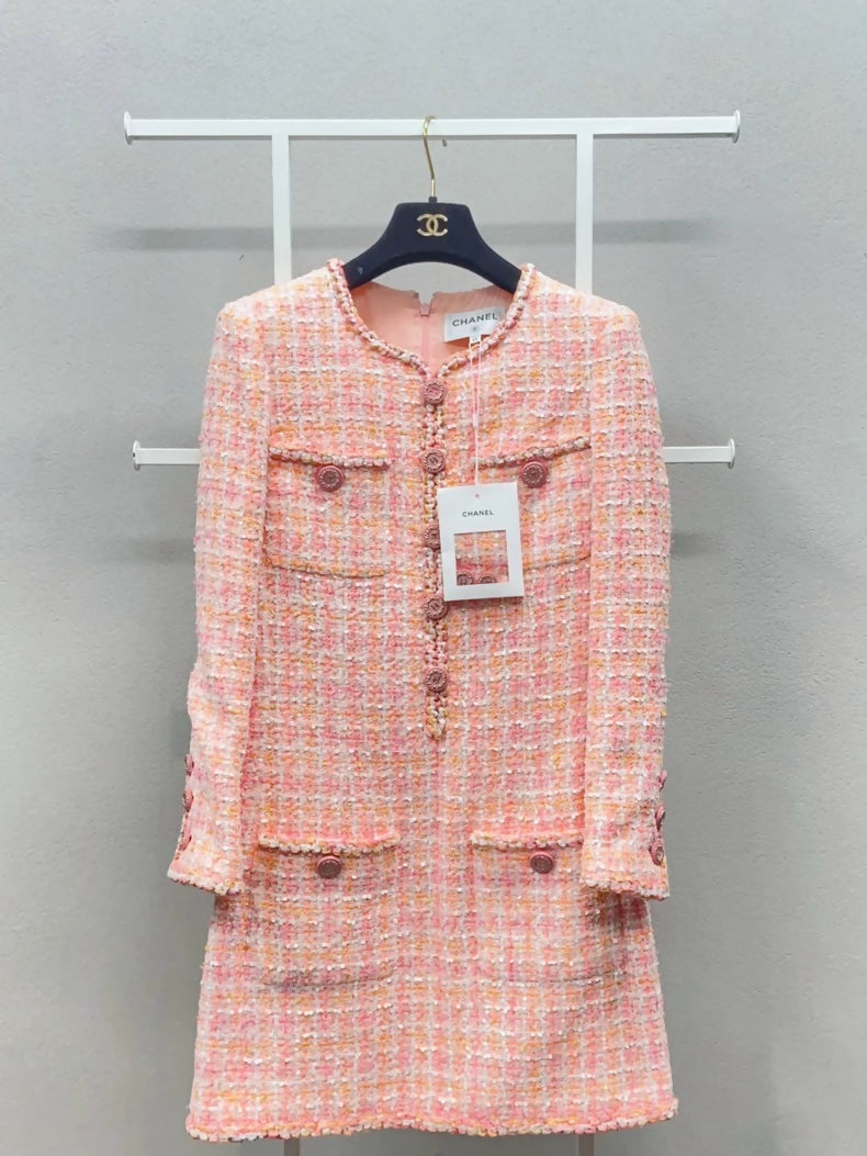 Chanel 19C Pink orange white Tweed Dress