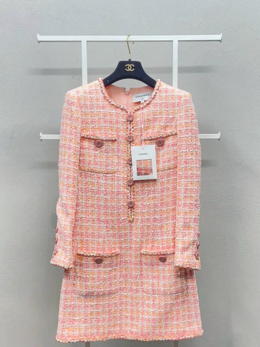 Chanel 19C Pink orange white Tweed Dress