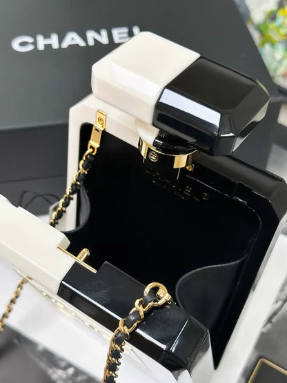 Chanel 20k black and white acrylic perfume bottle evening bag minaudieres