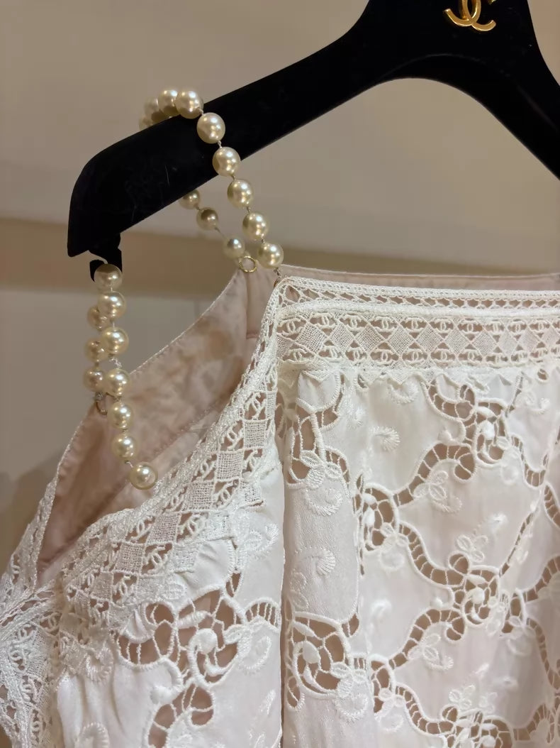 Chanel runway pearl-embroidered silk top set