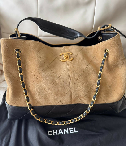 Chanel 2025 Suede Calfskin Shiny Lambskin & Gold-Tone Metal Beige & Black Large 40cm Shopping Bag