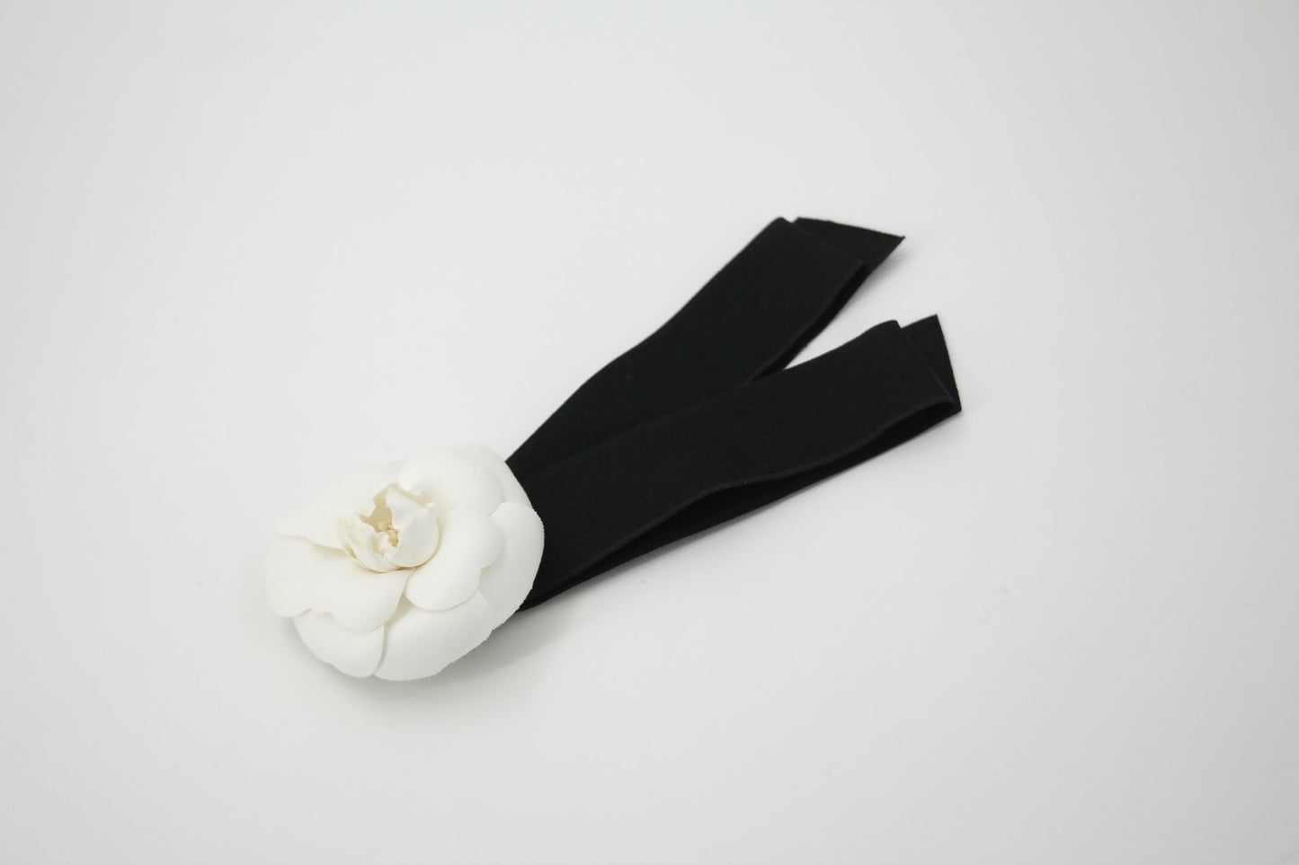 Chanel Vintage 81-85 Satin Fabric Black Camellia Ribbon Brooch
