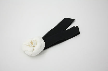 Chanel Vintage 81-85 Satin Fabric Black Camellia Ribbon Brooch