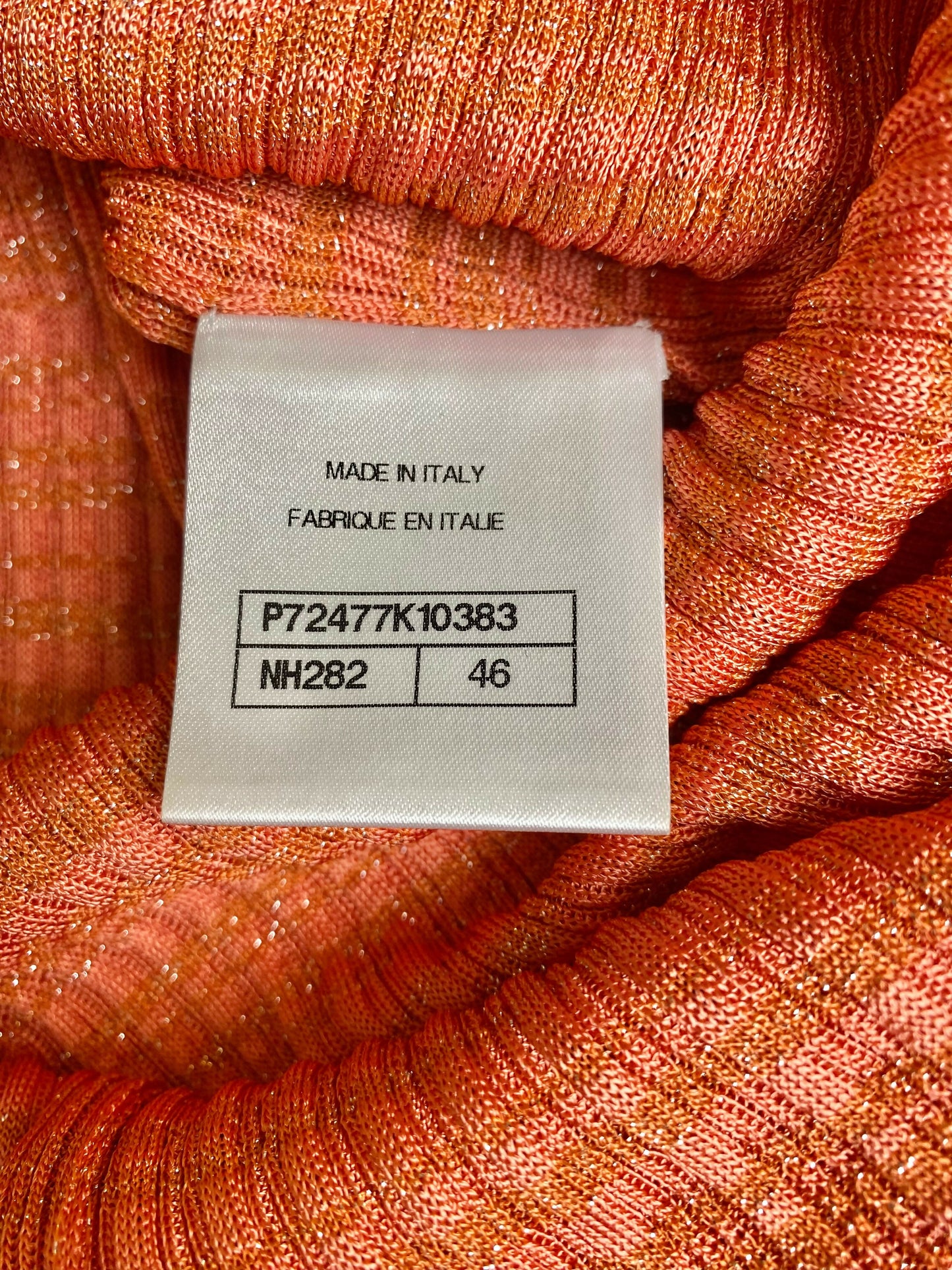 CHANEL 22P PINK CORAL ORANGE RIBBED METALLIC LUREX COLLARED MAXI DRESS FR 46