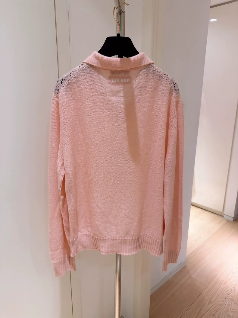 Miu Miu light pink polo collar openwork cashmere sweater