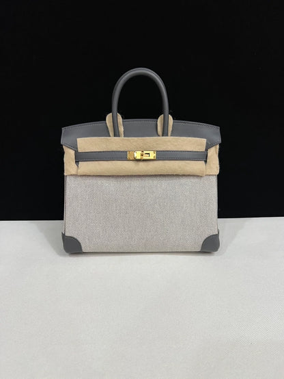 Hermes Birkin 25 Canvas & Grey Swift leather with Gold Hardware