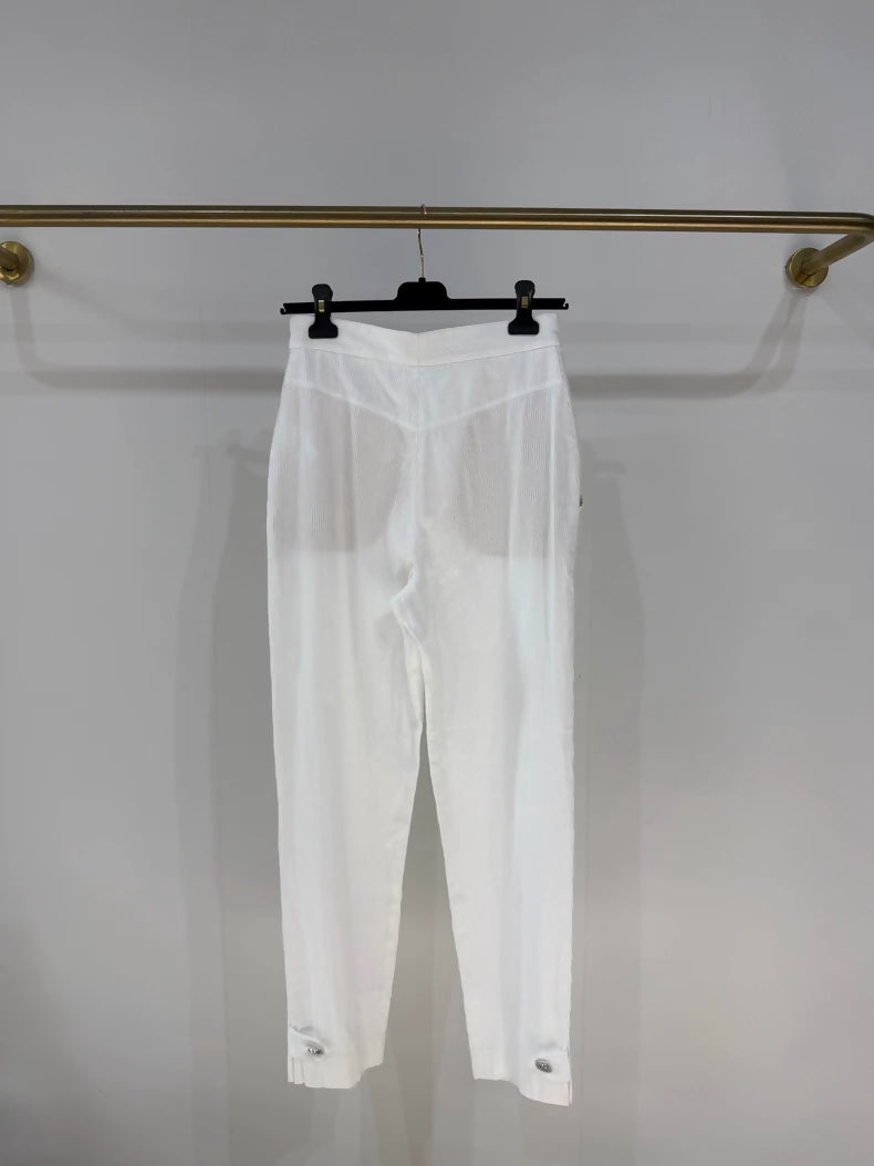 Chanel 20P White Striped Rhinestone Button Straight Leg Pants