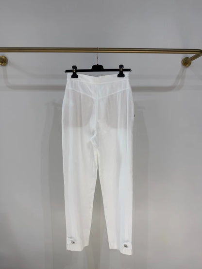 Chanel 20P White Striped Rhinestone Button Straight Leg Pants
