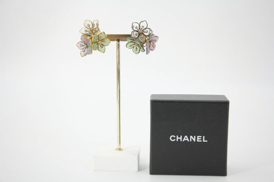 Chanel Vintage 71-80 Rhinestone Pink and Green Flower Earrings
