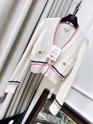 Chanel 23P ecru cardigan with pink trim