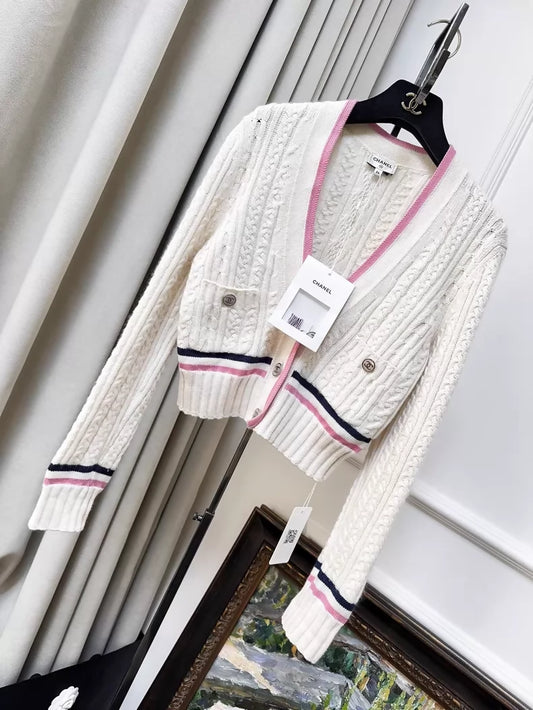 Chanel 23P ecru cardigan with pink trim