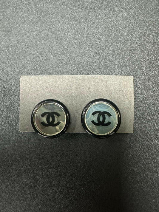 Chanel Vintage 01P Resin Black Hoop Mirror Clip-on Earrings