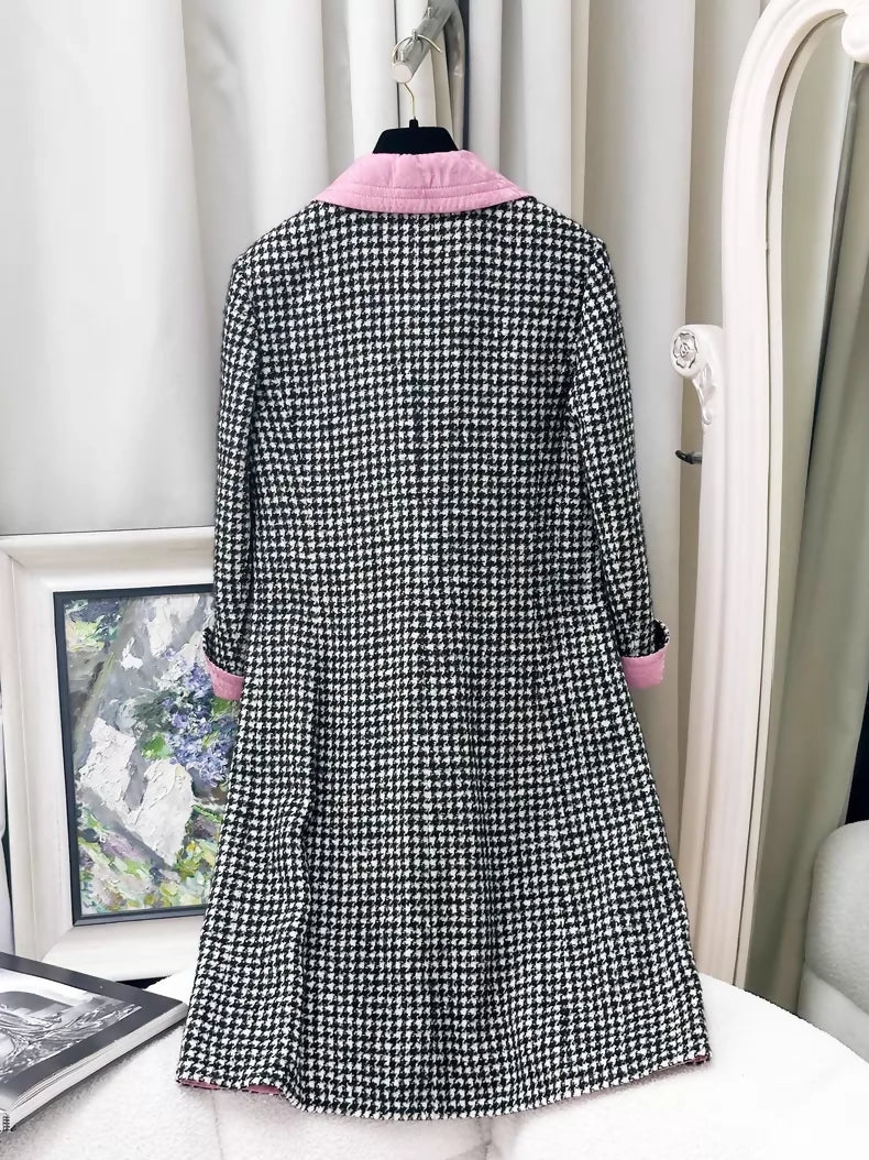 Chanel 24A black and white mixed houndstooth long coat