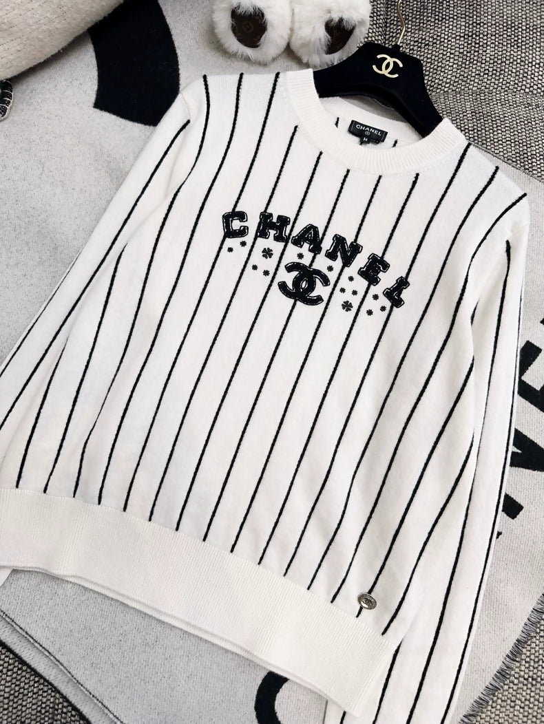 Chanel 23p white and black Striped Cashmere Sweater