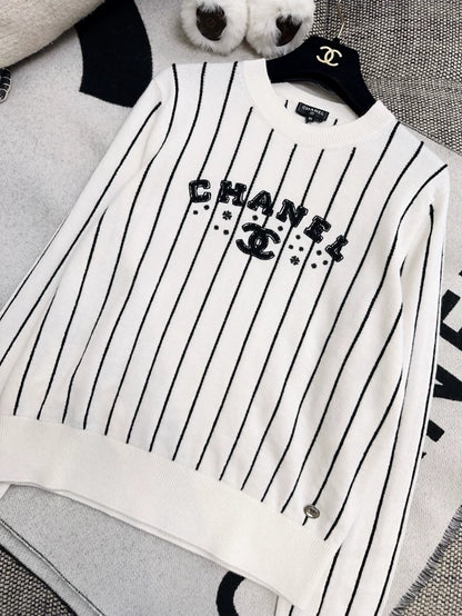 Chanel 23p white and black Striped Cashmere Sweater