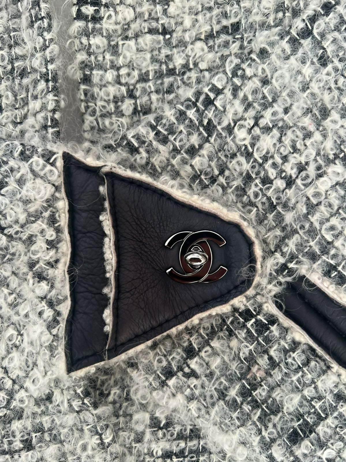 Chanel 10A Shanghai Shearling Tweed CC Grey Black Leather Trim Jacket Coat FR 36