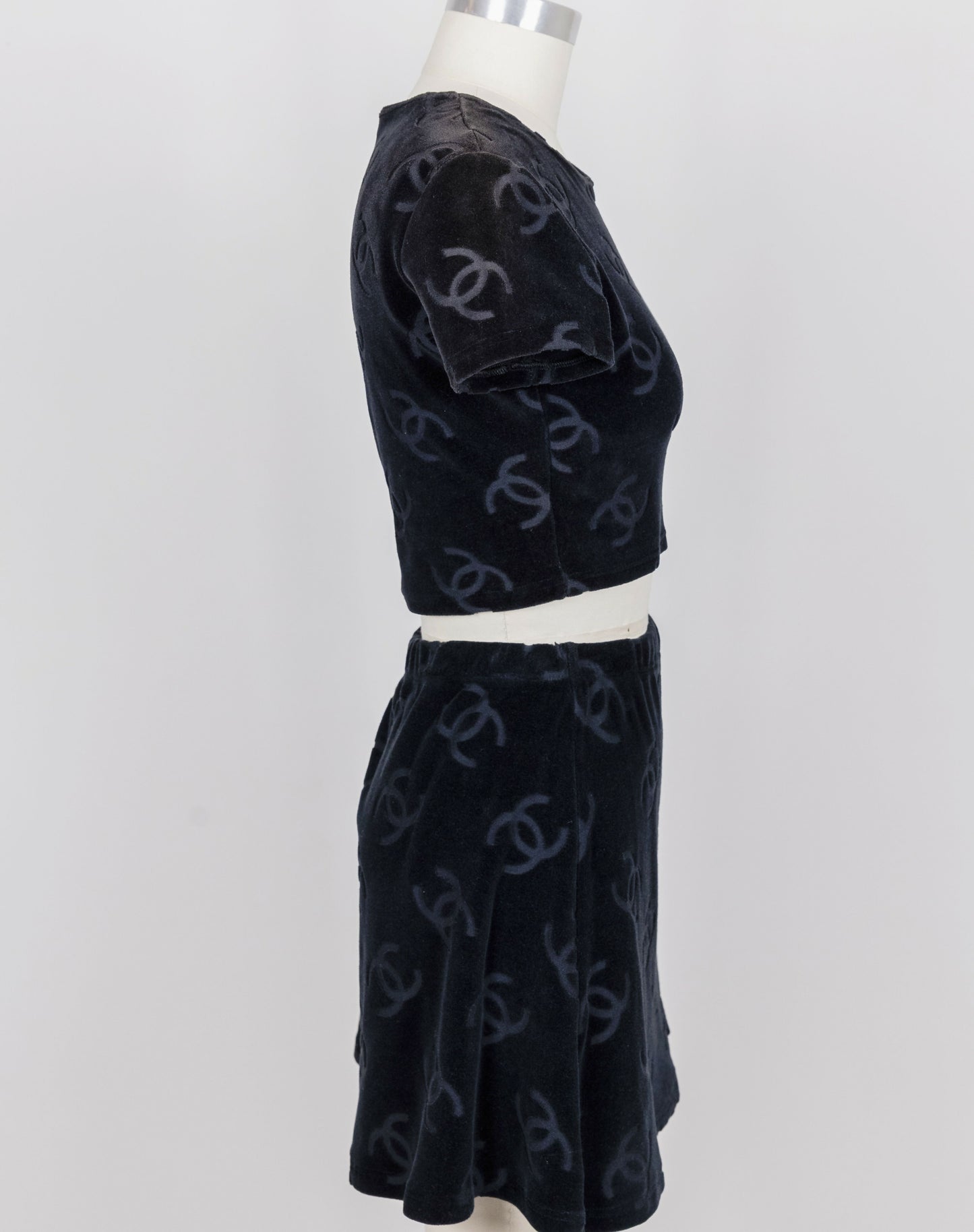 Chanel 1996 Spring/Summer Vintage Black Velour Logo Skirt Set