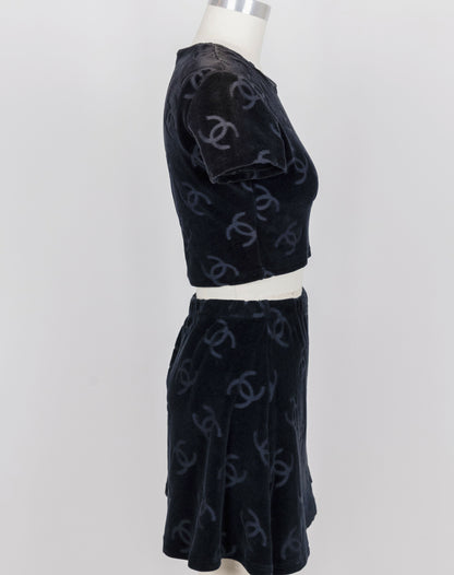 Chanel 1996 Spring/Summer Vintage Black Velour Logo Skirt Set