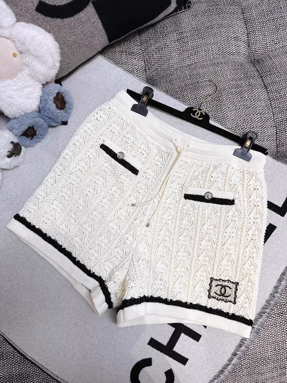 Chanel 24P Beige Lace Embroidered Logo Knit Shorts