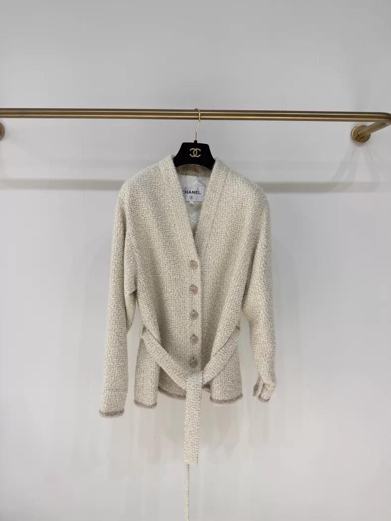 Chanel 24K ecru tweed coat cardigan with belt