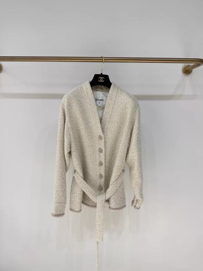 Chanel 24K ecru tweed coat cardigan with belt