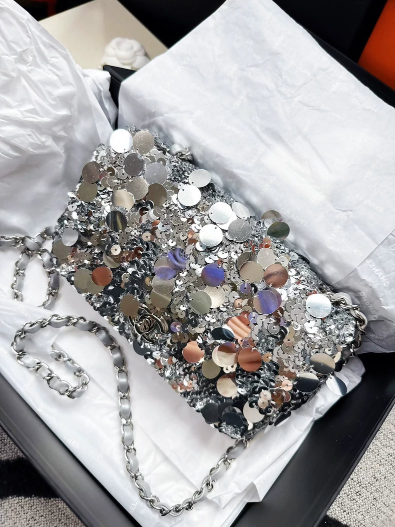 Chanel 22B Silver Sequin CF Mini Chain Shoulder Bag