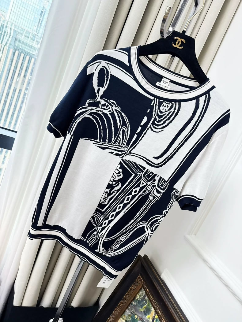 Hermes navy blue knit short-sleeved top