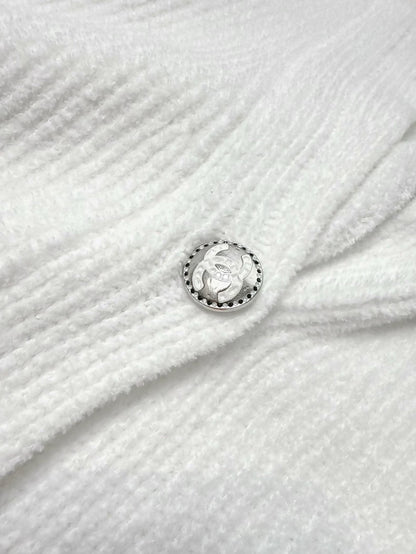 Chanel 23C white ribbed terry knit cardigan with black #5 beaded badge embroidered label